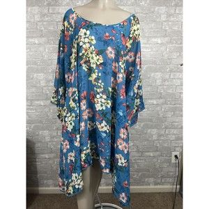 Lands End 1X Blue Floral Kimono Sheer Swim Cover Short Sleeve
